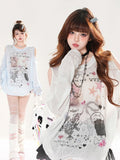 Cutout Halbtransparente Schulter Süßes Coverup Blau/Weiß Kitty Print