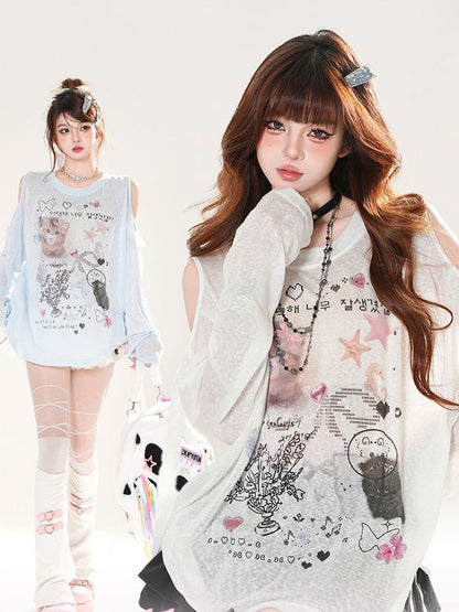 カットアウトセミシースルーショルダーキュートカバーアップブルー/ホワイトキティプリント