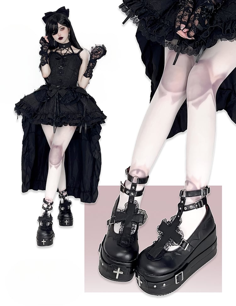 Matte Black Gothic Lolita Lace Trim Cross Platform Shoes