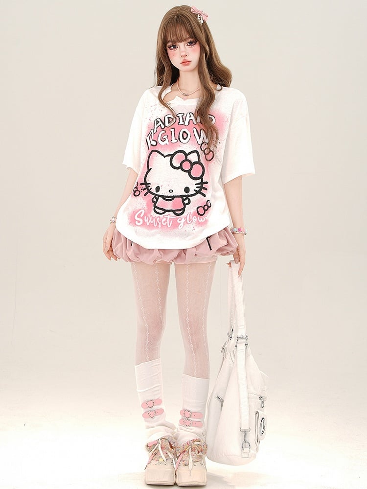 ピンク/ホワイト キティプリント ルーズTシャツ