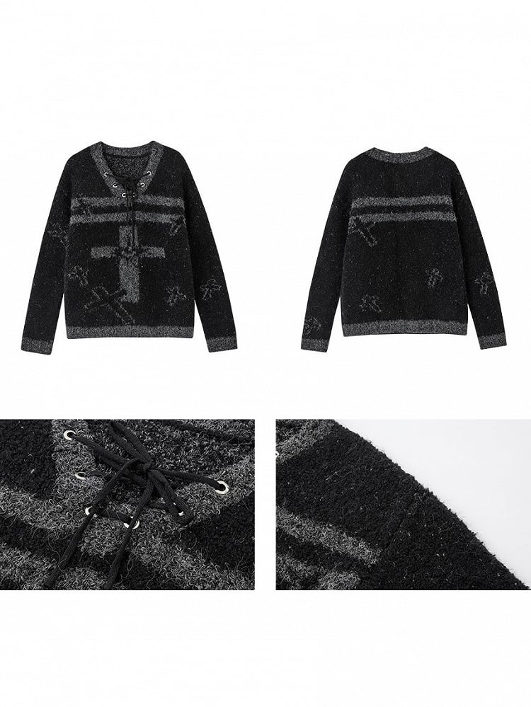 Lace-up Black Print with Crisscross Gray Sweater Cross Punk V-Neck