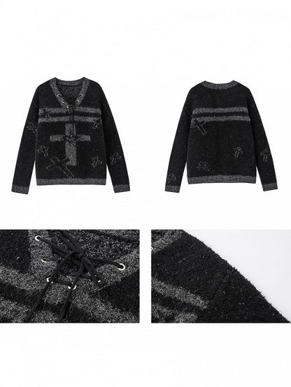 Lace-up Black Print with Crisscross Gray Sweater Cross Punk V-Neck