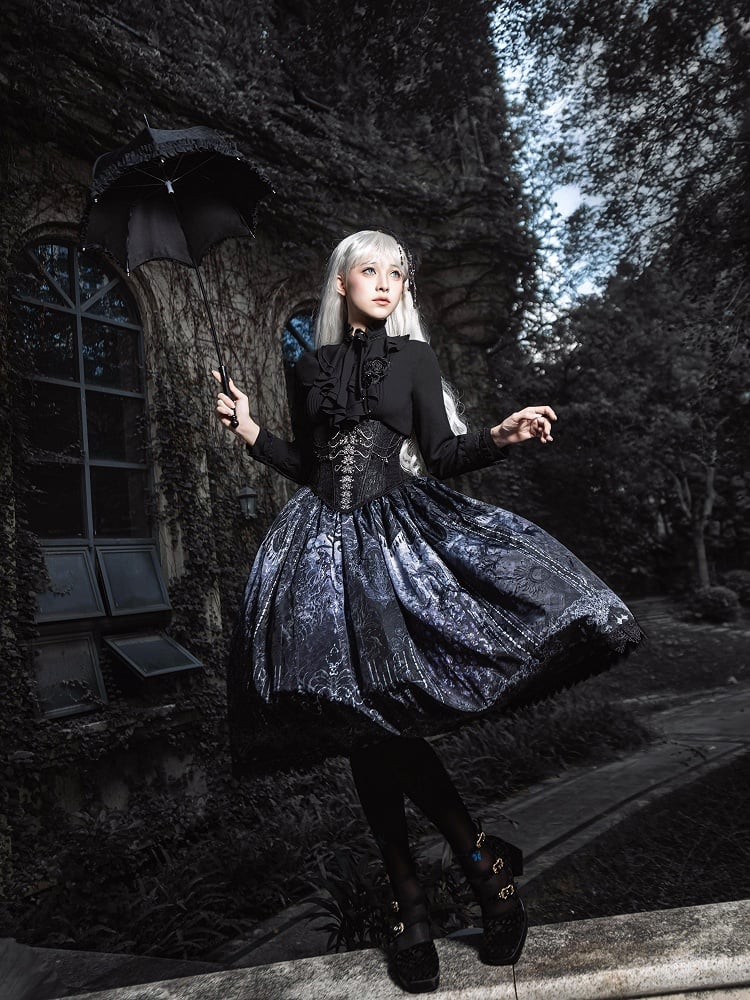 Jabot Sleeves with Details Shirt Long Collar Pleated Black