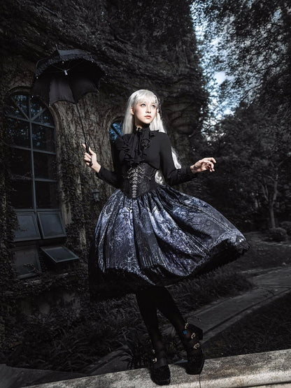 Jabot Sleeves with Details Shirt Long Collar Pleated Black