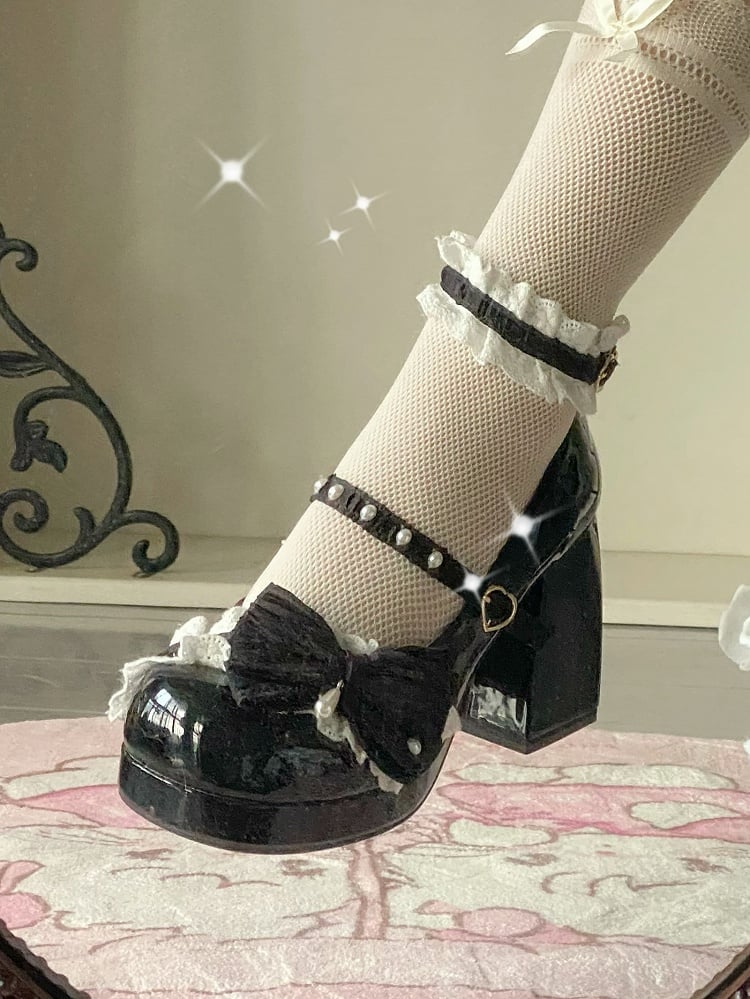 Leather - Lace Sweet Block Edging Black Heel High Shoes PU