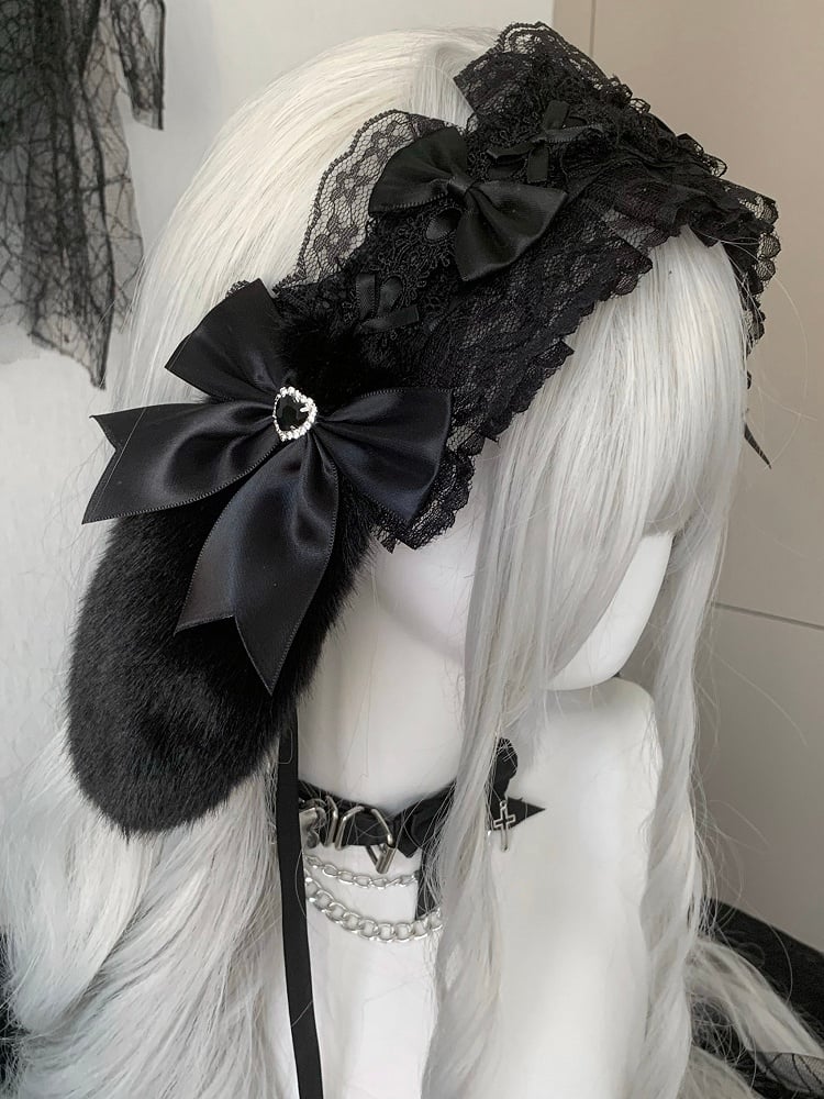 Details Rhinestone Ear Bunny Decorated Bowknot Hairband Plush Ruffled Heart Black/White