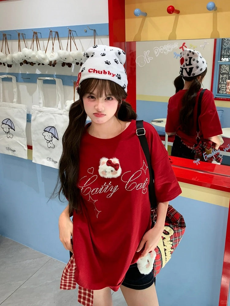 詳細 取り外し可能なキティのぬいぐるみネックラインストーンレッドスクエア付きTシャツ