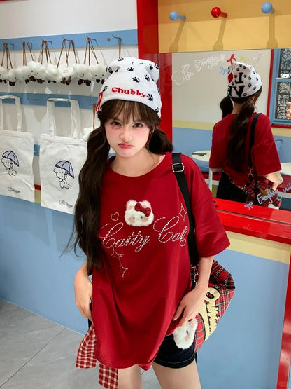 詳細 取り外し可能なキティのぬいぐるみネックラインストーンレッドスクエア付きTシャツ