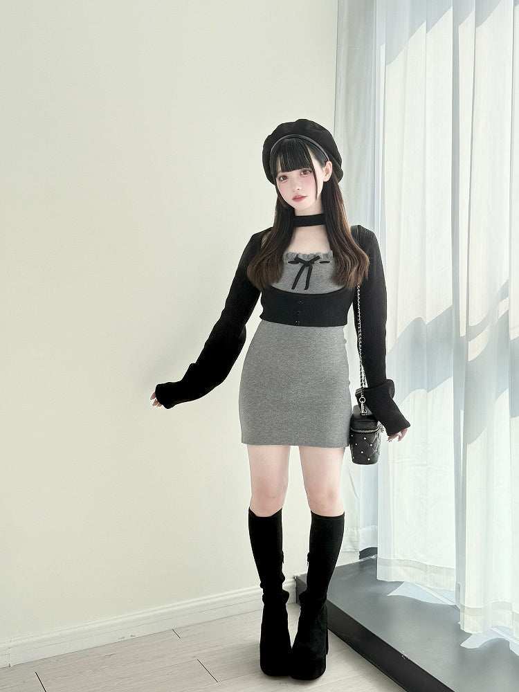Set: Gray Top Two-Piece Slip Dress Underbust Refined Jirai with Kei Black
