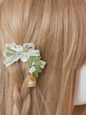 Forest Style Green Leaf Birdcage Pearl Lace Hairclip