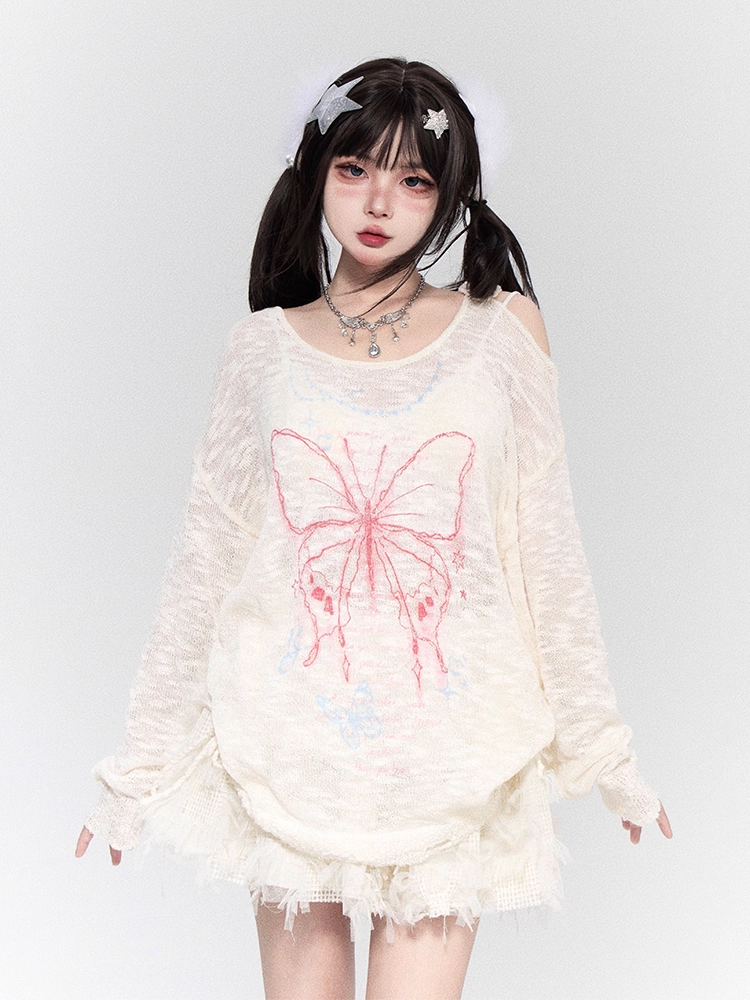 Coverup Semi-sheer Butterfly Print Cutout Shoulder White/Black/Apricot