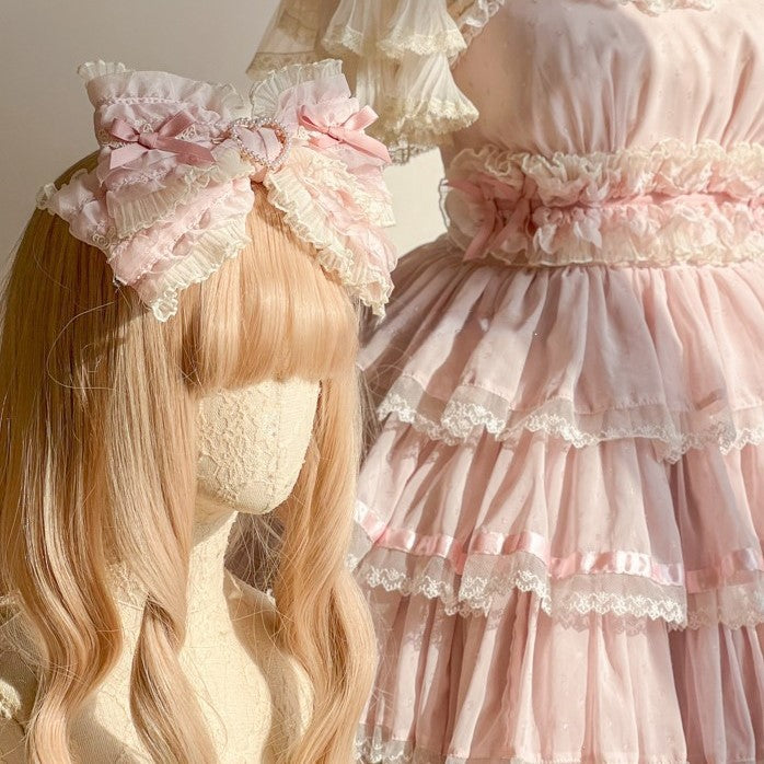 Herzförmige Haarspange mit Spitzenperlen und verzierter Lolita-Schleife, gekräuselt, flauschig und süß in Rosa