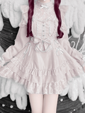 Pink Gingham Ryousangata Floral Lace Dress Set with Shorts, Bow Tie, Bead Chain & Hairclips - Jiuniang Cherry