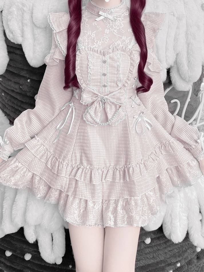 Pink Gingham Ryousangata Floral Lace Dress Set with Shorts, Bow Tie, Bead Chain & Hairclips - Jiuniang Cherry