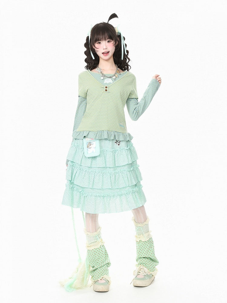 Green Embroidered Detail Polka Dot Ruffle Tiered Skirt Design - Languid Park