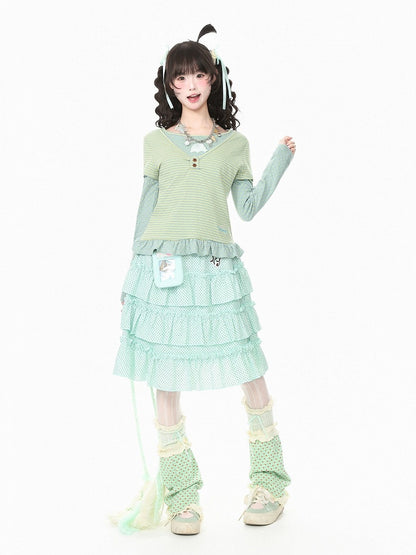 Green Embroidered Detail Polka Dot Ruffle Tiered Skirt Design - Languid Park