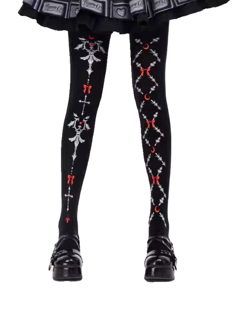 ブラックゴシックロリータレッドリボンプリントタイツ