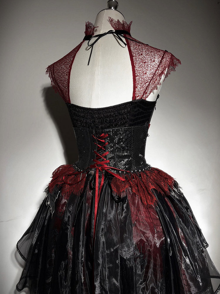 Black & Red Bone Dragon Embroidery Halter Neck Gothic Lolita Dress Set - Ying Luo Fu