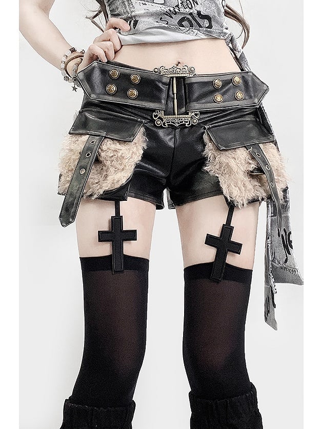 Shorts Black Pockets Glamorous Decorated Shaggy Bittersweet PU