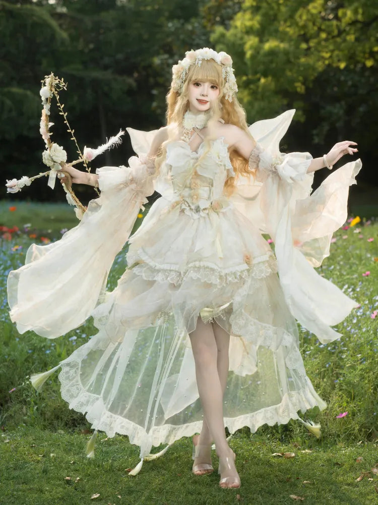Lolita Fairycore Kleid JSK Beige Volles Design Prinzessin und Set Schmetterling Blumen
