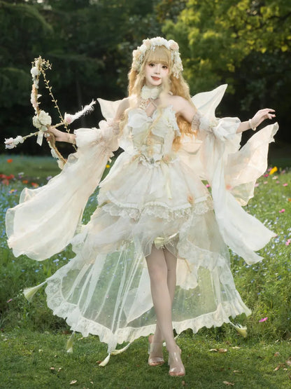 Lolita Fairycore Kleid JSK Beige Volles Design Prinzessin und Set Schmetterling Blumen