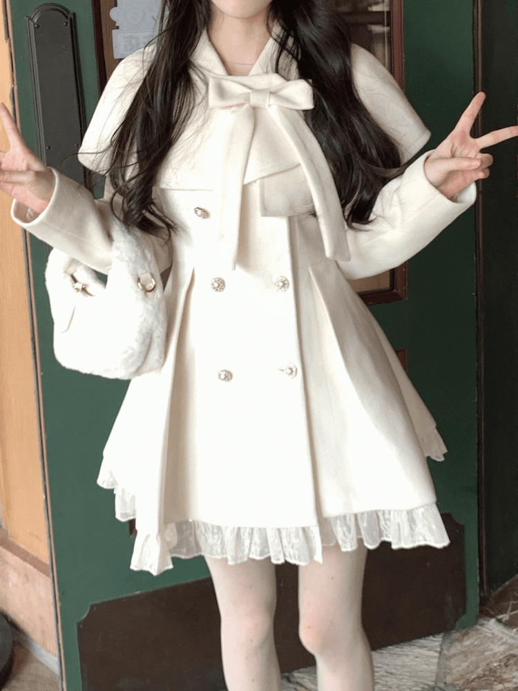 Button Jirai Cape Double-Breasted Front White Kei Pure Dress with Wool