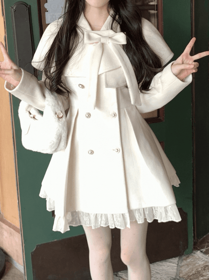 Button Jirai Cape Double-Breasted Front White Kei Pure Dress with Wool