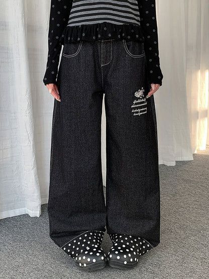 Black Curved Wide Leg Jeans with Polka Dot Details - Solkatt