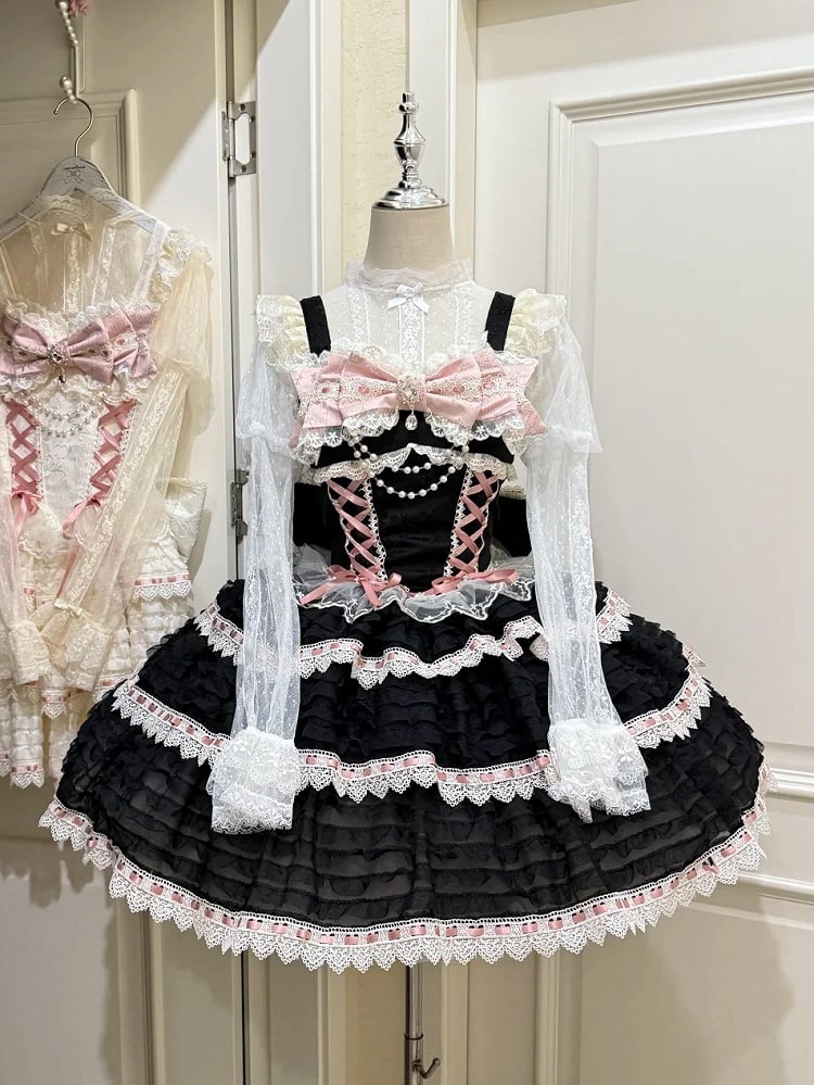 Details Chain Bow Lace-up JSK Lolita Bead with Accent Dress Blafck