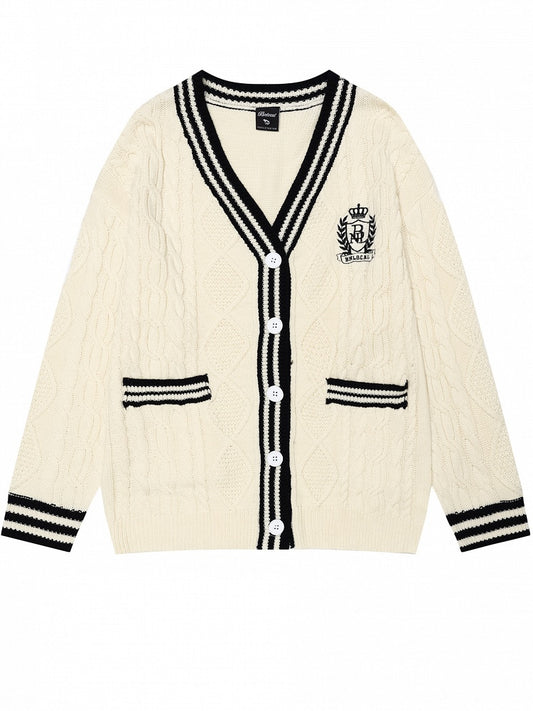 Christmas Milk White V-neck Loose Cardigan Contrast Striped Trim