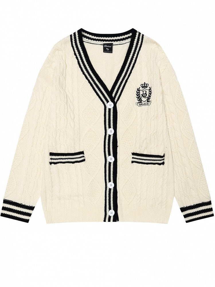 Christmas Milk White V-neck Loose Cardigan Contrast Striped Trim