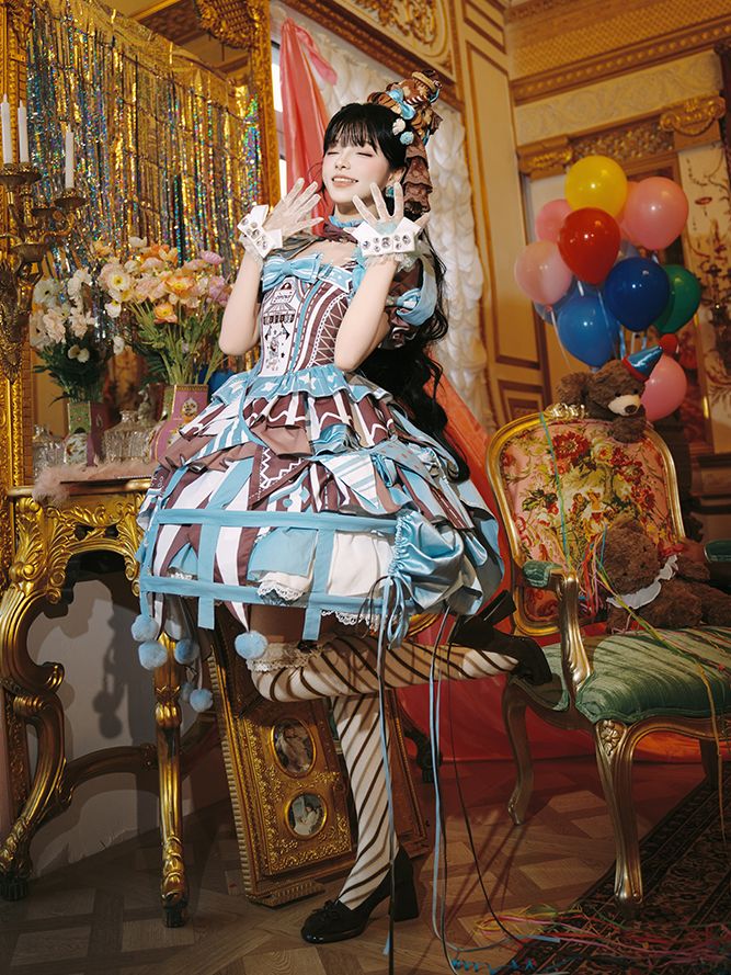Brown Skirt Sleeves Detachable with Embroidery Dress Circus Lolita Jumper Bunny Blue Sweet Puff and