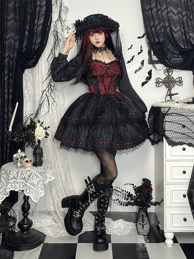 Black & Red Rose Beaded Chain Gothic Lolita Puffy Dress Jumper Skirt