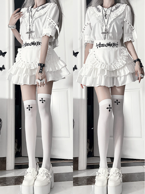 Straps Peter Pan White CollarBuckle Blousewith Sleeve Short Gothic Ruffled