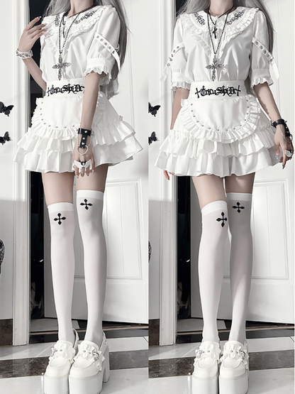 Straps Peter Pan White CollarBuckle Blousewith Sleeve Short Gothic Ruffled