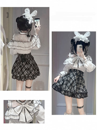 Monochrome Cutout Shoulder Long-Sleeve Bow Ruffle Blouse - YoshiKi