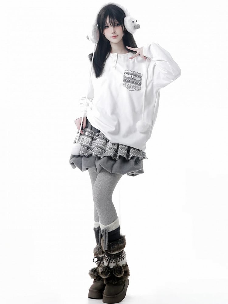 Sleeve Patterned with Isle White Long Fair Patch Pocket Top