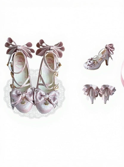 Pink Crown Buckle 8.5cm High Heels with Bowknot and Crystal Accents - Aimee