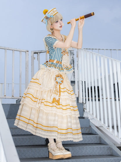 Embroidered Collar Sailor Top and Layered Skirt Set - Twin Bear Original Design