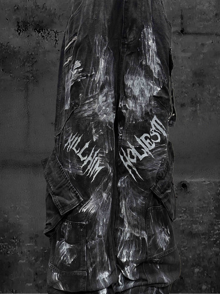 with Cargo Faded Wasteland Wash Paint-Splatter Black Jeans and Wide-Leg Punk Print