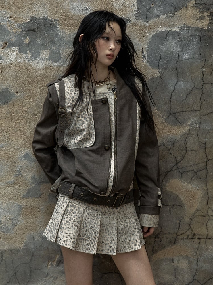Braune und graue Punk-Streetwear-Leopardenjacke
