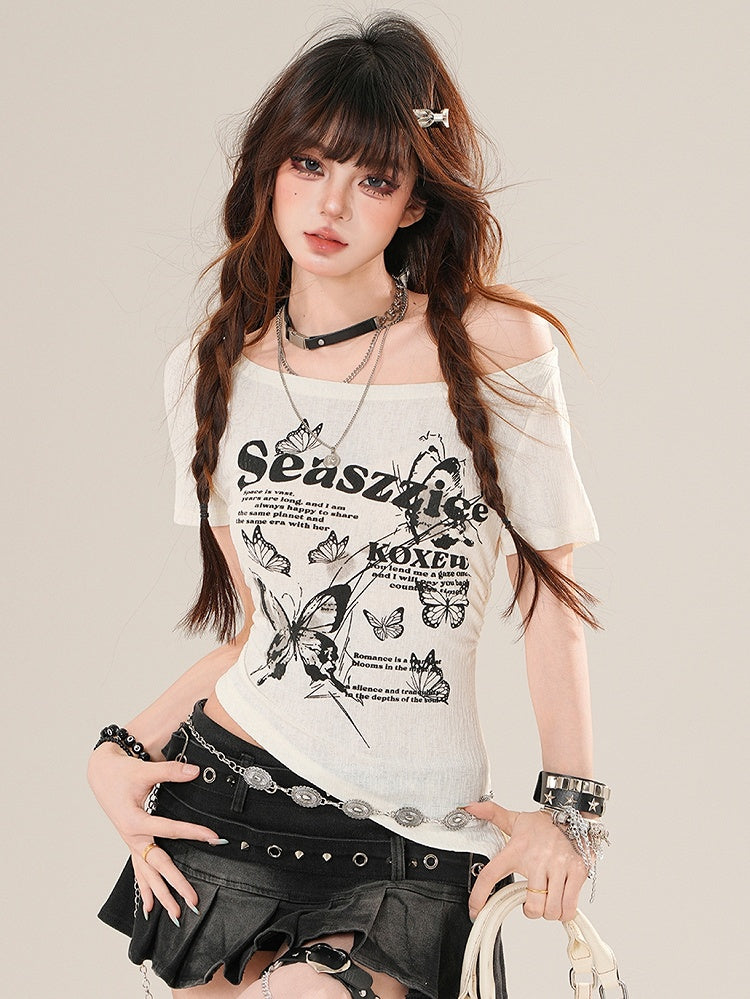 ネックラインTシャツ バタフライ アシンメトリー グラマラス ブラック/ベージュ プリント ビタースイート レター