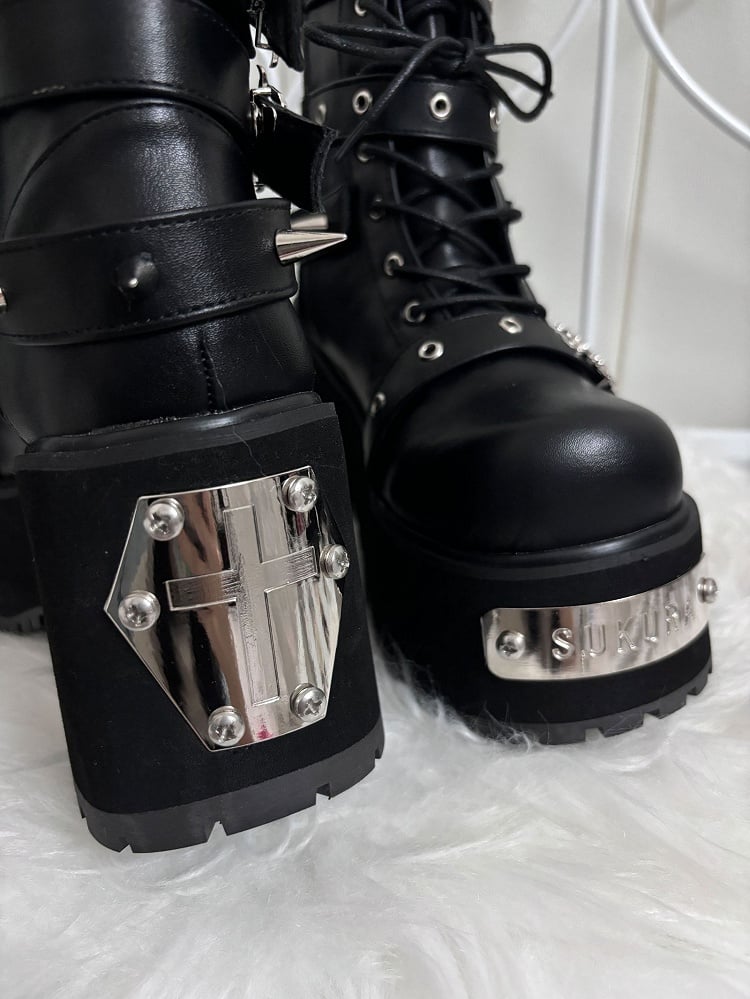 Polished Black/Matte Black Punk Stud Buckle Strap Gothic Platform Boots