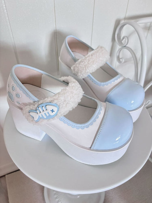 天使怪々 ライトブルー ジライケイ クロー フィッシュボーン プラットフォーム シューズ