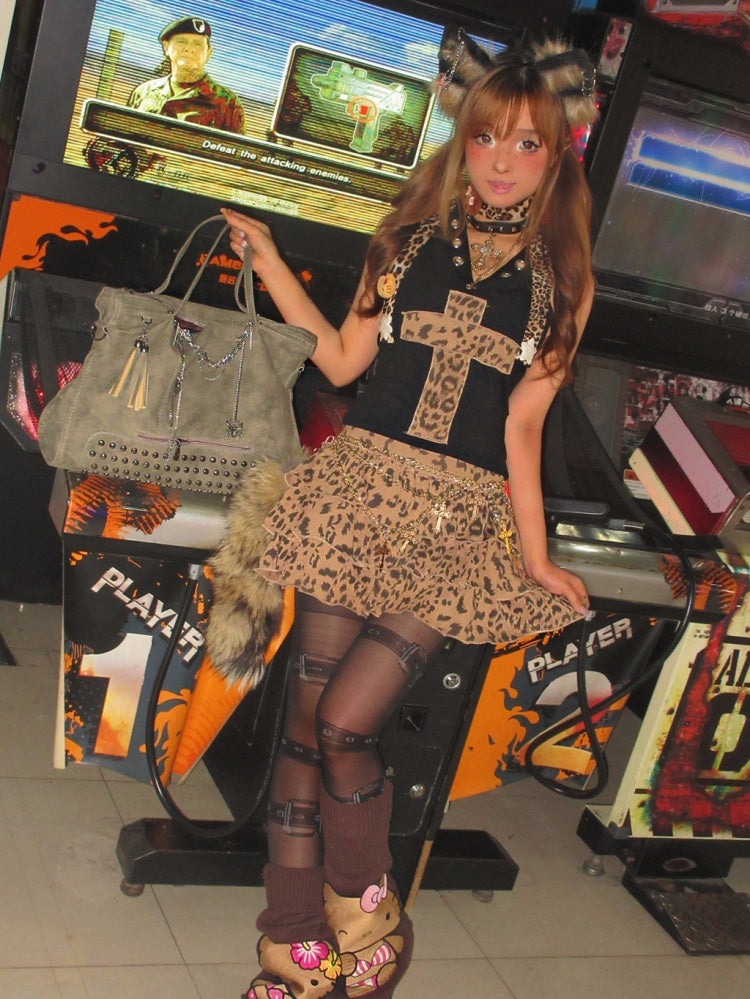 Y2K Stufenrock mit Leopardenmuster