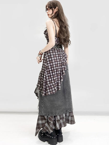 Hem Pattern Cami Glamorous Bittersweet Brown Plaid Asymmetrical