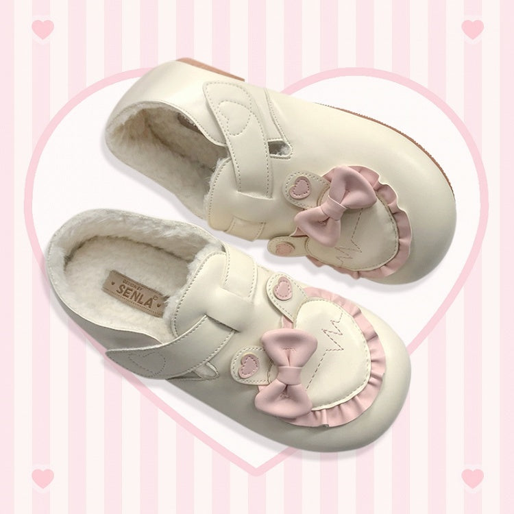 Trim Fleece Beige Flats Heart Ear Lined Lolita with Ruffle Sweet Applique Bunny Winter
