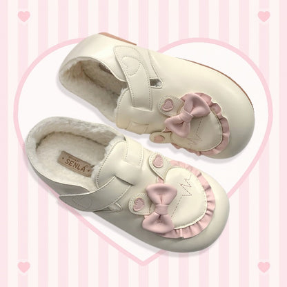 Trim Fleece Beige Flats Heart Ear Lined Lolita with Ruffle Sweet Applique Bunny Winter