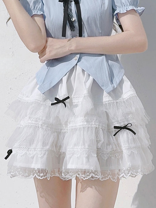 Bowknot Lace Trim Skirt Tiered Black White with Details