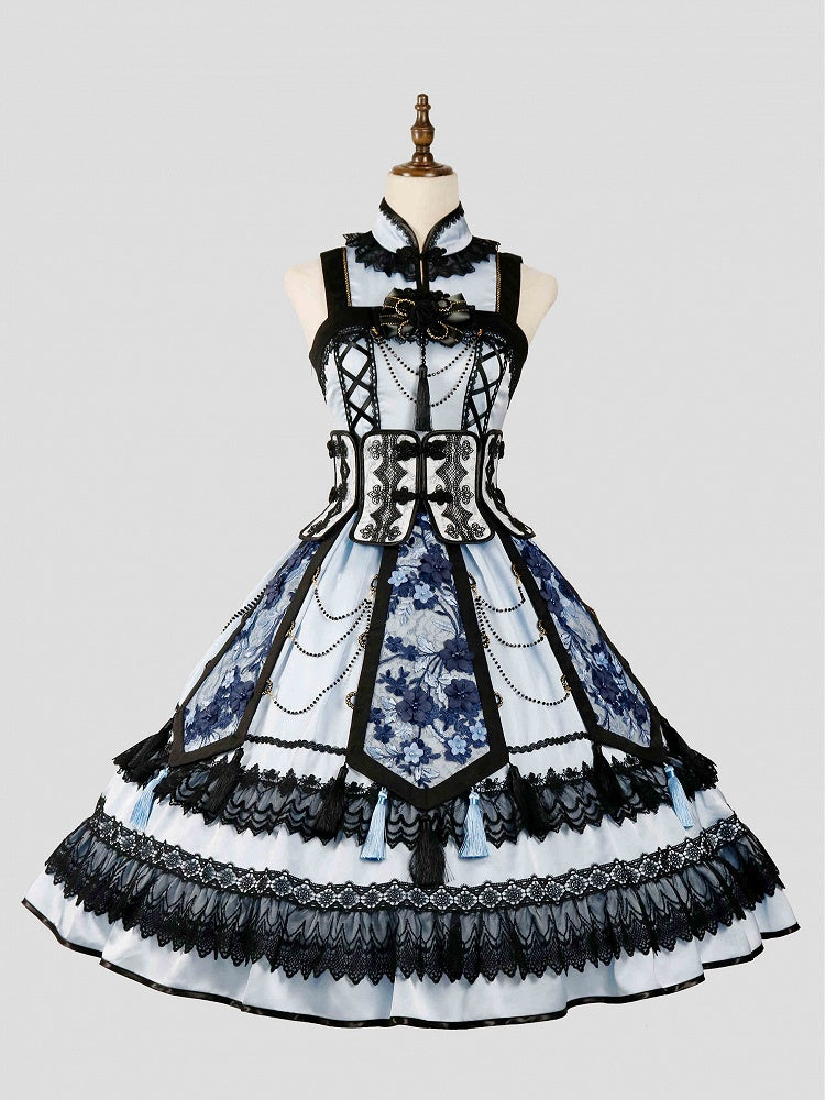 Blue and Black Elegant Cheongsam Collar Qipao Dress + Boned Corset Belt + Tassels Overlay Qi Lolita JSK Set